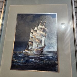 Framed Nautical Ship Art in Blue and Gray Foil Print WARREN LDT England 1970